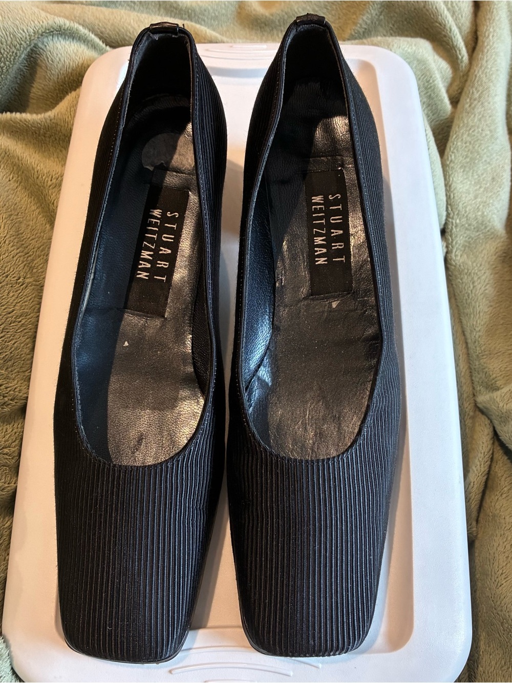 Stuart Weitzman Black Ribbed Square-Toe Flats